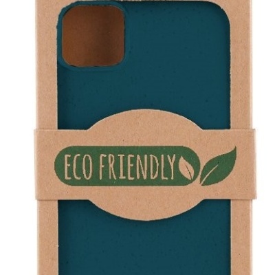 Capa de telemóvel azul escura em embalagem de papelão castanho com texto BIODEGRADABLE, ECO FRIENDLY e cool