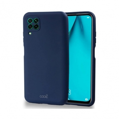 Capa azul escura para smartphone com logo 'cool' e telemóvel com ecrã azul