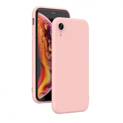 Smartphone com capa rosa e ecrã colorido em fundo branco