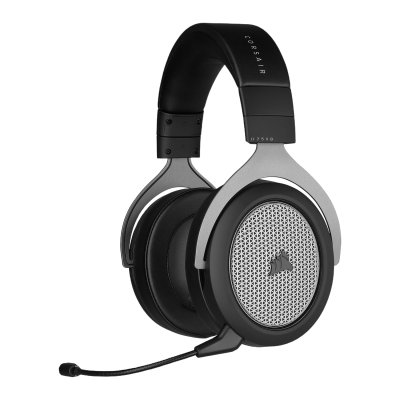 Headset preto e prateado com microfone articulado e logo CORSAIR