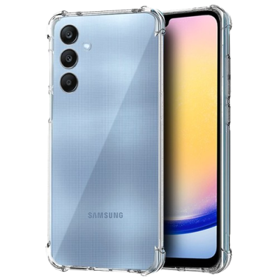 Smartphone Samsung azul com capa transparente e três câmaras traseiras