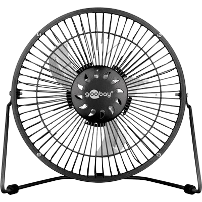 Ventoinha de secretária preta com hélices prateadas e logo goobay