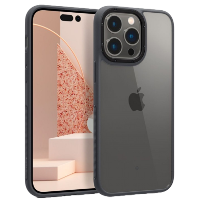 Smartphone com capa protetora semitransparente cinza escura e lente tripla da câmara