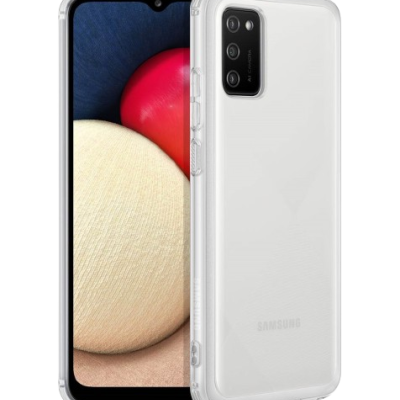 Smartphone Samsung branco com capa transparente e ecrã colorido