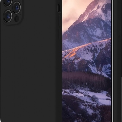 Capa preta de silicone para smartphone com ecrã mostrando montanha nevada