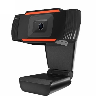 Webcam preta com detalhes laranja e base articulada