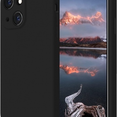 Telemóvel com capa preta e ecrã com imagem de montanhas ao pôr do sol