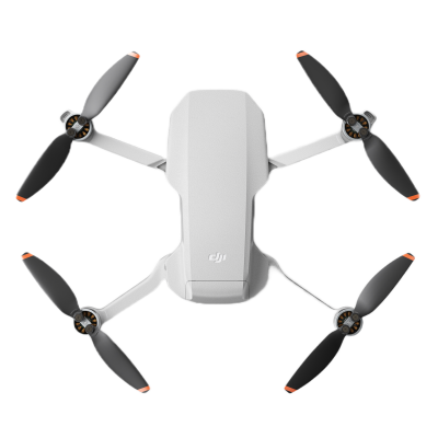 Drone branco compacto com quatro hélices pretas