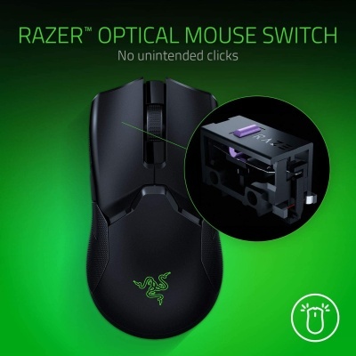 Rato Razer preto com detalhes em verde e close-up do interruptor ótico interno