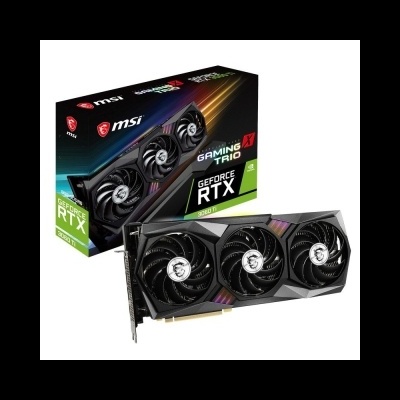 Placa gráfica MSI GeForce RTX 3080 Ti Gaming X Trio com três ventoinhas e caixa preta com texto colorido