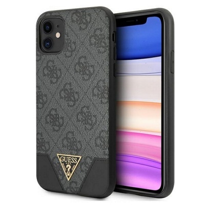Capa de smartphone preta cinza com padrão Guess e logotipo dourado
