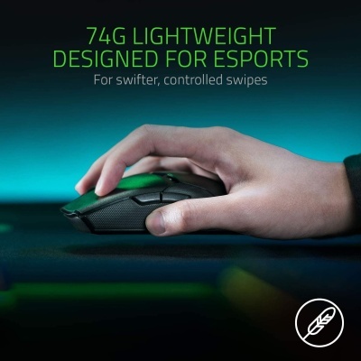 Rato de computador preto e verde para esports com texto promocional