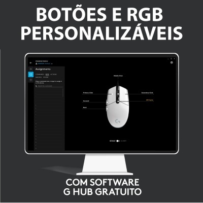 Computador com software de configuração para rato branco com botões e luzes RGB personalizáveis.