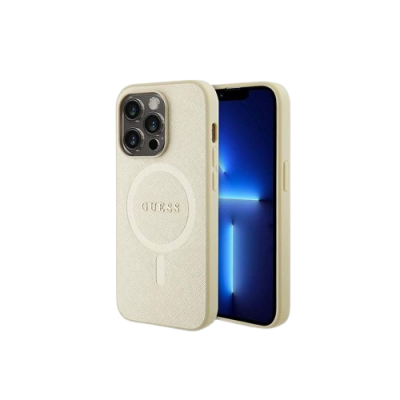 Capa bege clara para smartphone com relevo GUESS e textura de pele sintética.