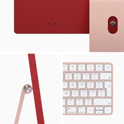 Detalhes de computador desktop vermelho com suporte dourado e teclado branco e dourado