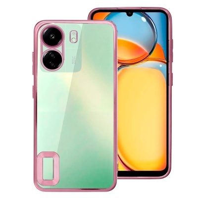 Smartphone verde com capa protetora rosa translúcida e ecrã grande com notch