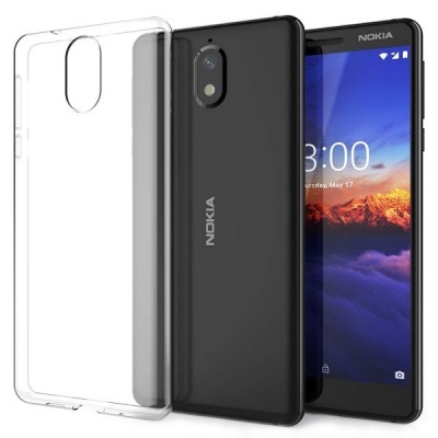 Smartphone Nokia preto com capa transparente ao lado