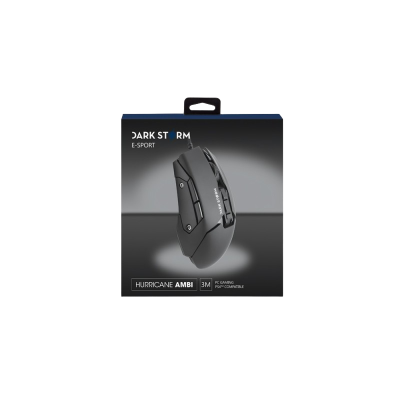 Caixa de rato Dark Storm E-Sport preto para jogos com texto na embalagem