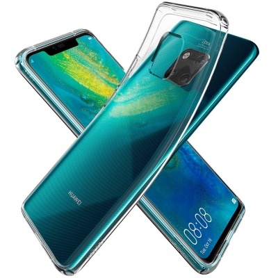 Telemóveis Huawei verdes azuis com capa protetora transparente.