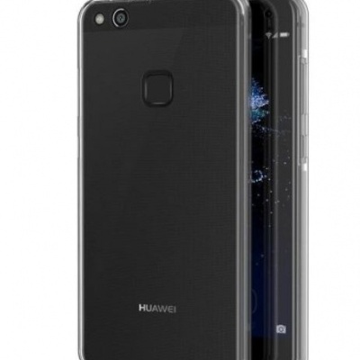 Smartphone Huawei preto com capa transparente visto de frente e de trás