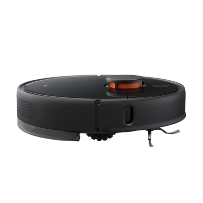 aspirador robô preto com detalhes em laranja