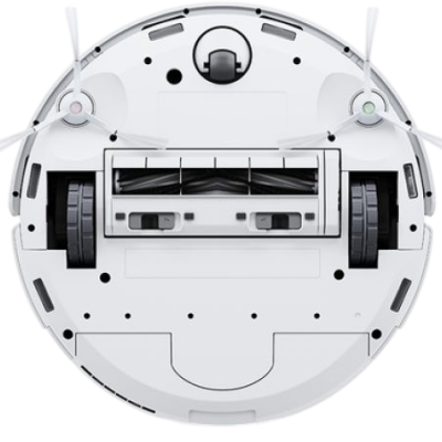 Aspirador robô branco visto de baixo com escovas e rodas