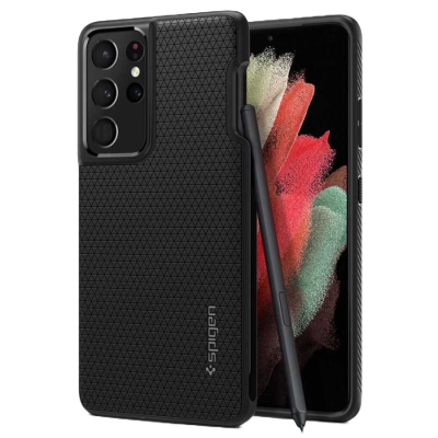 Capa preta texturizada para smartphone com caneta stylus.