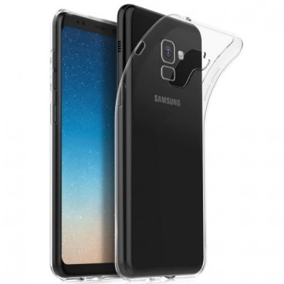 Smartphone Samsung preto com capa transparente flexible