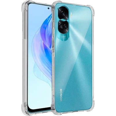 Smartphone HONOR azul metálico com capa transparente