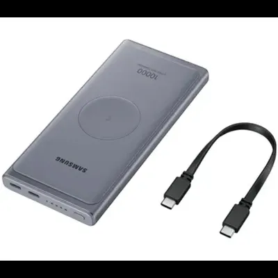 Carregador portátil Samsung cinza com cabo USB tipo C preto