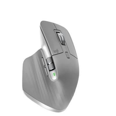 Rato de computador cinzento e prateado com detalhes metálicos e luz LED verde