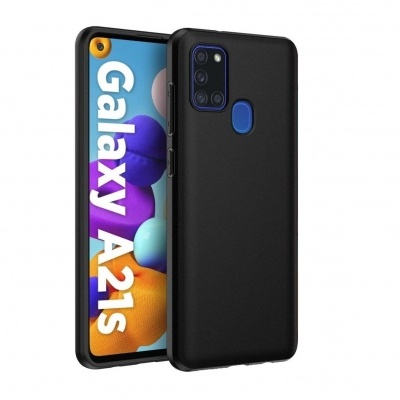 Smartphone Samsung Galaxy A21s com capa preta e ecrã com texto Galaxy A21s