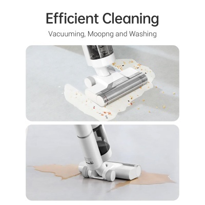 Aspirador vertical branco a limpar líquidos e partículas de alimentos em superfície cinza