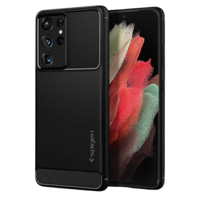 Smartphone preto com capa protetora preta Spigen e várias lentes de câmara