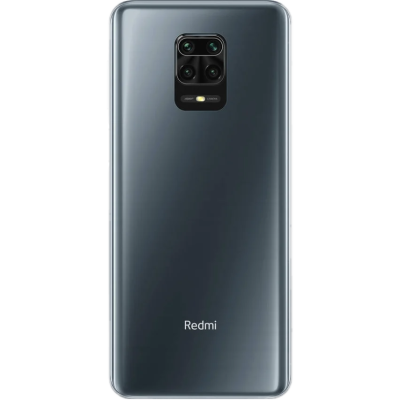 Smartphone Redmi cinza escuro visto de trás com quatro câmaras e marca