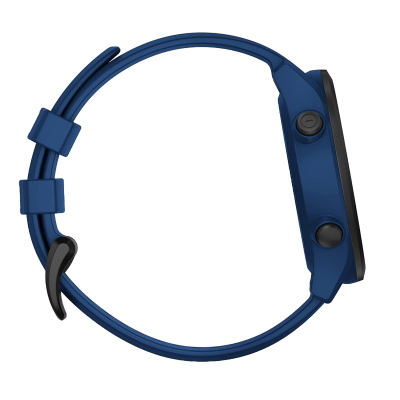 Relógio de pulso azul com mostrador preto e dois botões laterais