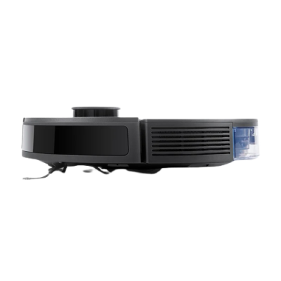 aspirador robot preto com sensor e parte traseira azul