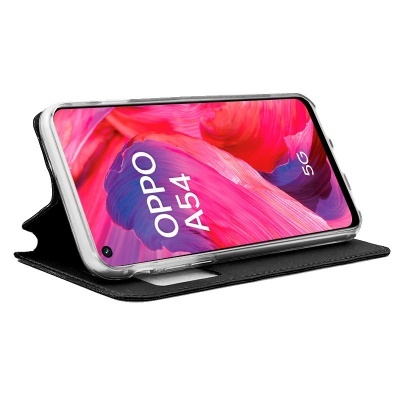 Smartphone OPPO A54 5G com capa protetora preta e ecrã colorido