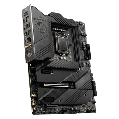 Placa-mãe preta com dissipadores e logótipo de dragão