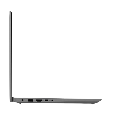 Portátil cinzento aberto de perfil fino com portas USB, HDMI e entrada para auscultadores