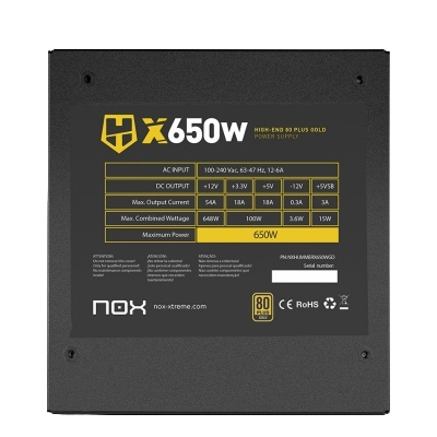 Fonte de alimentação para computador NOX HX 650W preta com etiqueta técnica