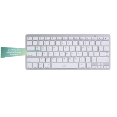 Teclado compacto wireless branco com etiqueta verde