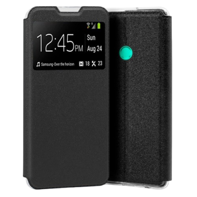 Capa protetora preta para smartphone com janela de visualização mostrando hora e data