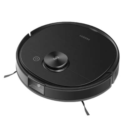 Robot aspirador preto circular DEEBOT com sensores e escovas laterais