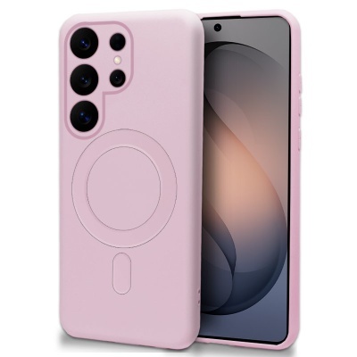 Capa de telemóvel rosa com círculo magnético e telemóvel com ecrã abstrato