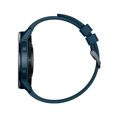 Relógio smart preto com bracelete azul visto de lado
