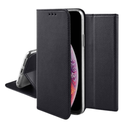 Estojo protetor preto para smartphone com textura diagonal e funcionalidade carteira