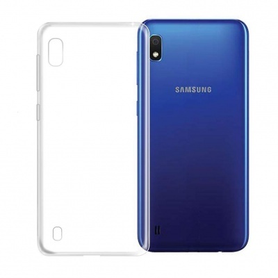 Smartphone Samsung azul com capa transparente ao lado em fundo branco