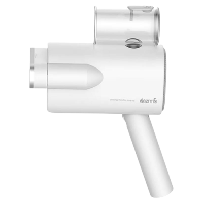 aspirador portátil branco com depósito transparente e botão cinza