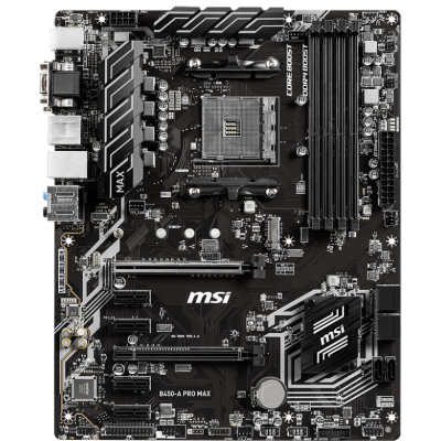 Placa-mãe MSI B450-A PRO MAX preta e cinza com vários slots e dissipadores de calor